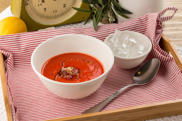 Spanish Traditional cold gazpacho soup on textile napkin
