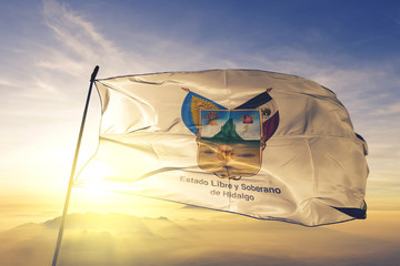 Hidalgo state of Mexico flag waving on the top sunrise mist fog