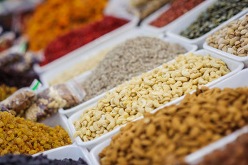 a dry nuts mix in store showcase.