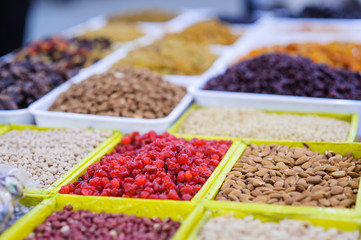 a dry nuts mix in store showcase.