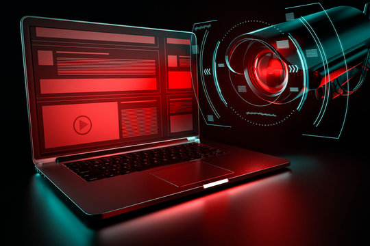 Office computer and cctv searching for sensitive data. Espionage incident concept. 3d rendering
