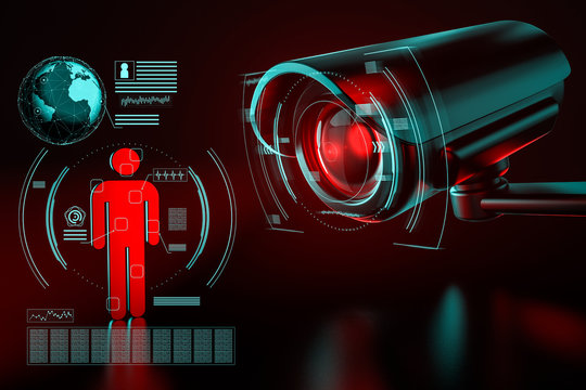 Big surveillance camera is focusing on a human icon as a metaphor of collecting data on society by surveillance systems. 3D rendering