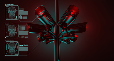 Cctv is checking information about citizens in surveillance security system. Big brother is watching you concept. 3D rendering - obrazy, fototapety, plakaty