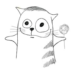 black and white sketch of a cat with a flower on a white background