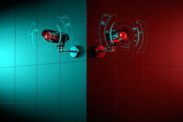 Two security CCTV cameras with futuristic interface surrounding it, as they scan for violation. 3D rendering