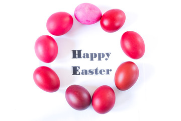 Red easter eggs with sign "Happy Easter" isolated on white background