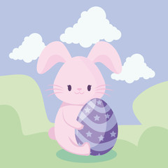 cute rabbit with egg of easter in landscape