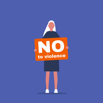 recommend clip art: No to violence. Young female activist holding a placard. Demonstration. Human rights. Flat editable vector illustration, clip art