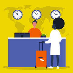The reception desk. Airport check in. Hotel lobby. Service. Flat editable vector illustration, clip art