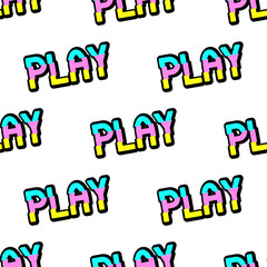 Seamless pattern with colorful words “Play” isolated on white background. Text patches vector wallpaper. Quirky funny cartoon comic style of 80-90s.
