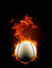 Fiery baseball ball on fire, burning in the dark