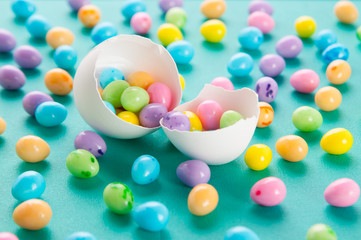 colorful easter egg candy on a teal background