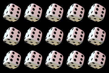 Close up of many playing dice, rotating on black background.