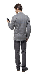 Back view of a businessman who is looking into the smartphone.