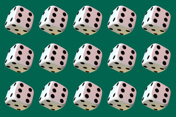 Close up of many playing dice, rotating on dark green background.