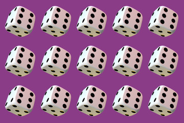 Close up of many playing dice, rotating on dark pink background.