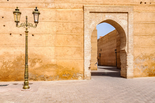 Street lamp and a gate in Marrakech, Morocco