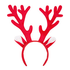 Antlers of a deer headband isolated on white background. Pair of toy reindeer horns isolated on...