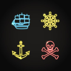 Marine collection of pirate and nautical icons in glowing neon style