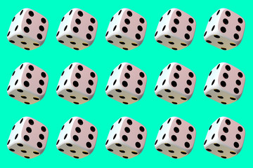Close up of many playing dice, rotating on light green background.