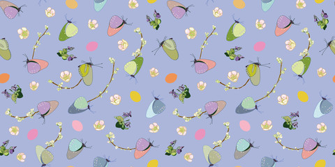 Blue pattern with butterfly, cherry and egg.