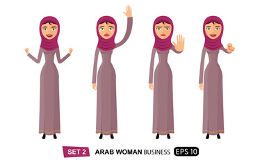 Set of emotions arab business woman waving hand goodbye cartoon vector