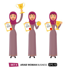 Arab business woman winner success excited raising trophy prize, medal and certificate cartoon isolated 