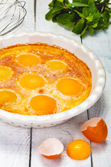 Peach Clafoutis in ceramic pie dish. Close up