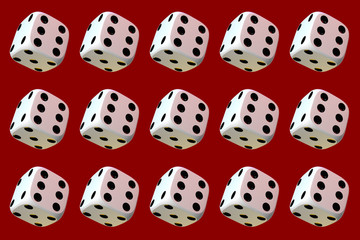 Close up of many playing dice, rotating on dark red background.