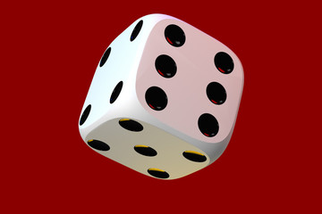 Close up of white playing dice, rotating on dark red background.