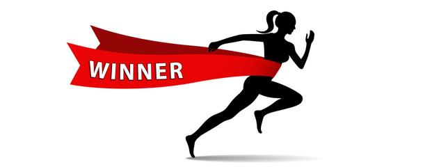 Winner running across the finish line, success concept background. Vector illustration