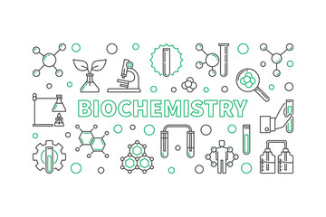 Biochemistry vector concept horizontal outline banner or illustration - obrazy, fototapety, plakaty