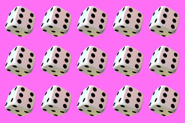 Close up of many playing dice, rotating on light pink background.