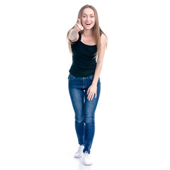 Woman in jeans standing showing pointing on white background isolation