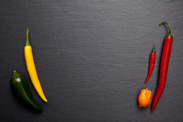 Bunte Chili Schoten auf dunkler Steinplatte