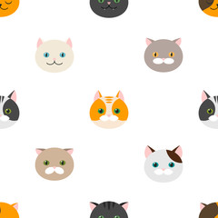 Cat. flat feline head icons. seamless pattern, vector background.