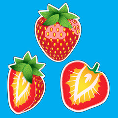 red berry strawberry and a half of strawberry isolated on blue background, fruit