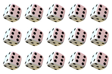 Close up of many playing dice, rotating on white background.