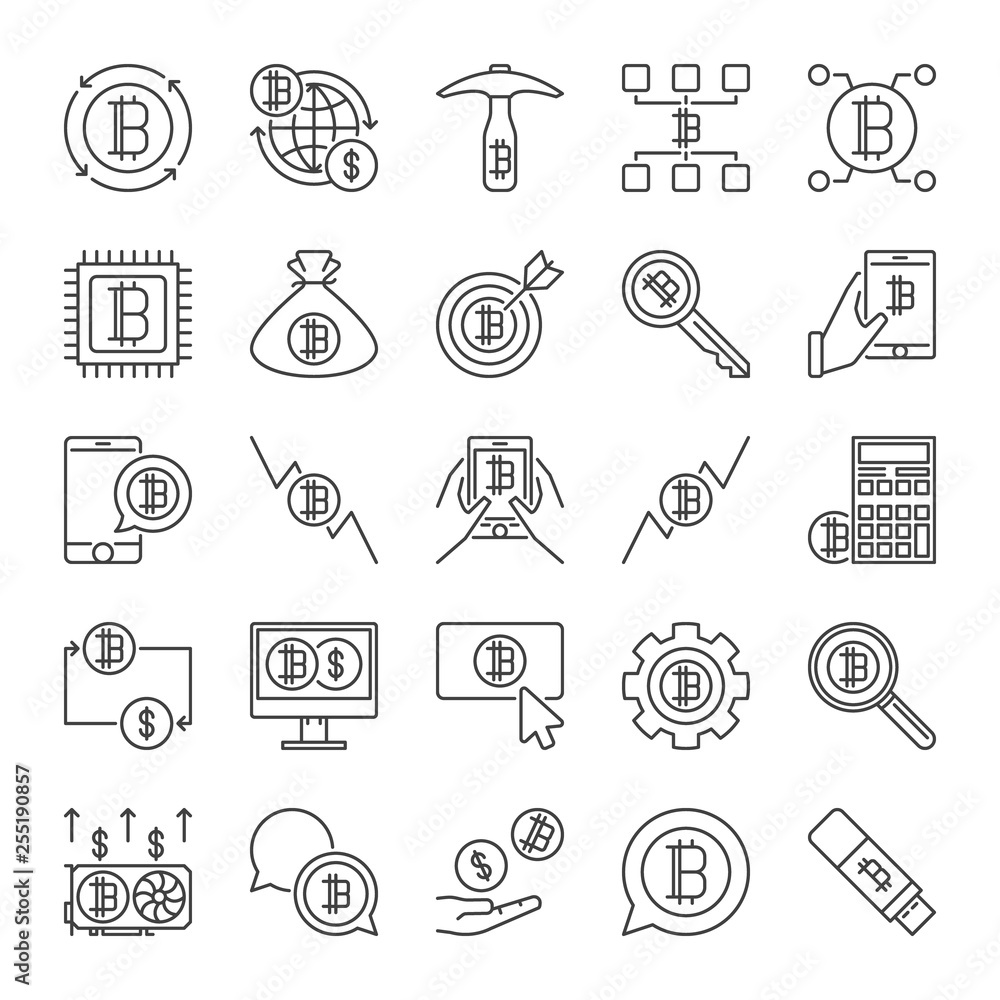 Poster vector collection of blockchain icons in thin line style. mining and blockchain technology concept s