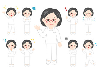 女性医療従事者のポーズと表情のイラスト: 全身セット