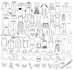 Hand drawn big collection of woman clothes and accessories icons, design elements
