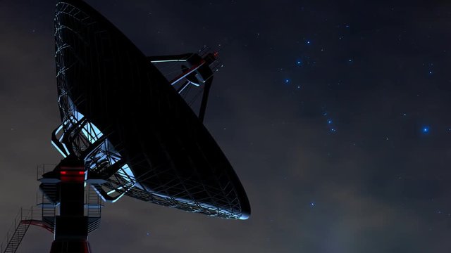 close up radio telescope time lapse with clouds and stars - 3d animation.