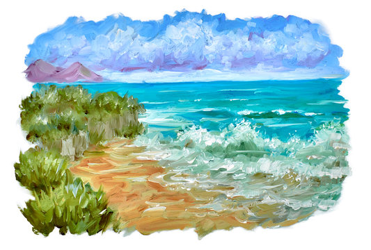 Oil painting illustration Overgrown beach