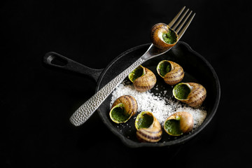 escargots farcis cuits sur fond noir © Jérôme Rommé