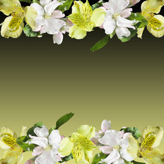 Beautiful floral background of yellow Alstroemeria and Apple blossom