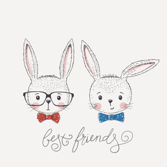 Cute rabbits. Best friends slogan. Cartoon vector illustration