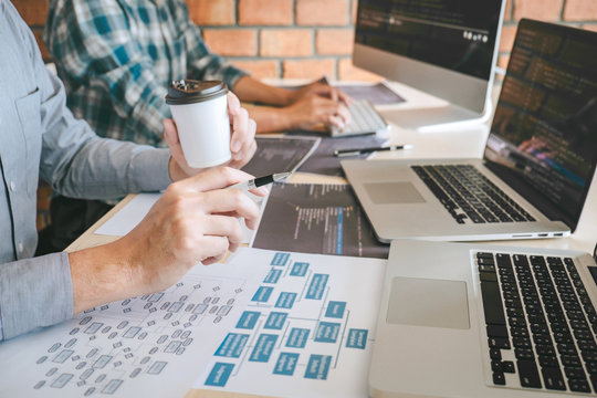 Team of Professional Developer programmer cooperation meeting and brainstorming and programming in website working a software and coding technology, writing codes and database