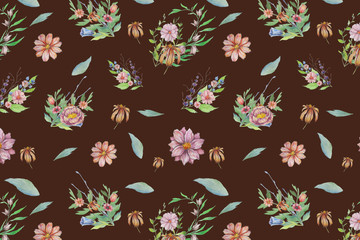 Colorful spring digital pattern with flowers and leaves on the white paper background. Floristic girlish design.