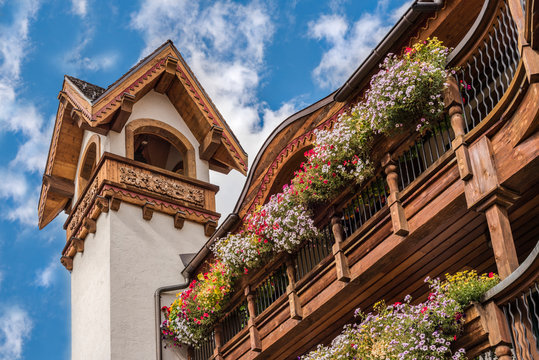 Bavarian building with colorful window boxes of flowers