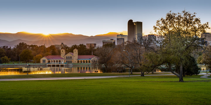 Panorama of beautiful sunset over City Park in Denver, Colorado